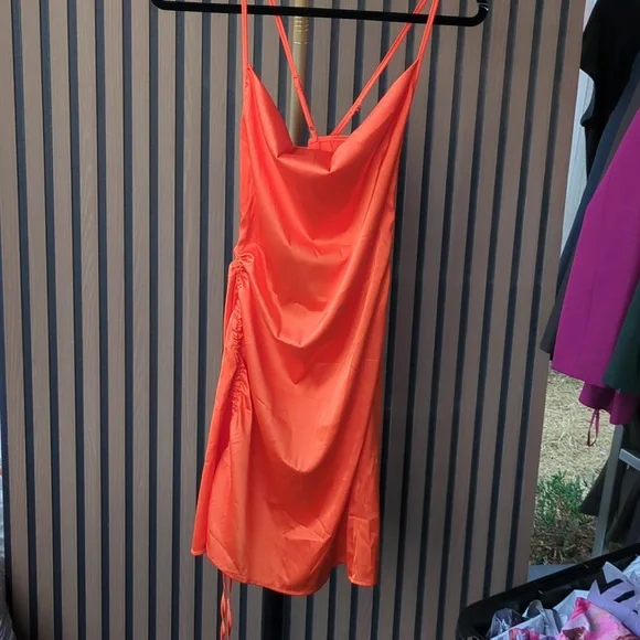 SHEIN SXY Satin Medium Size dress orange color, Criss-Cross‎ Adjust. Straps - Picture 2 of 16